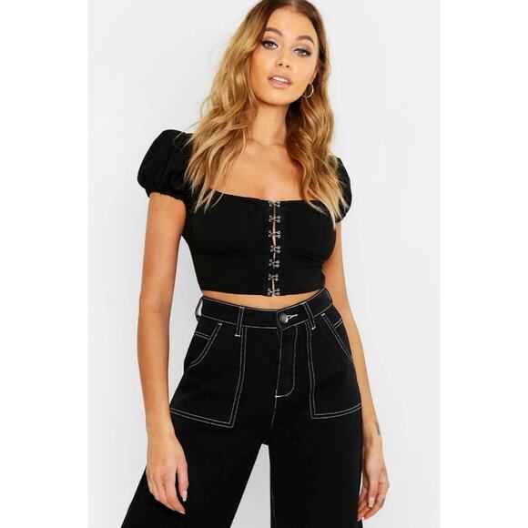 Fashion Nova  Hook and Eye Puff Sleeve Peasant Crop Top - Picture 1 of 5